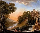 Famous Banks Paintings - Figures Resting On The Banks Of A River, A Waterfall In The Foreground